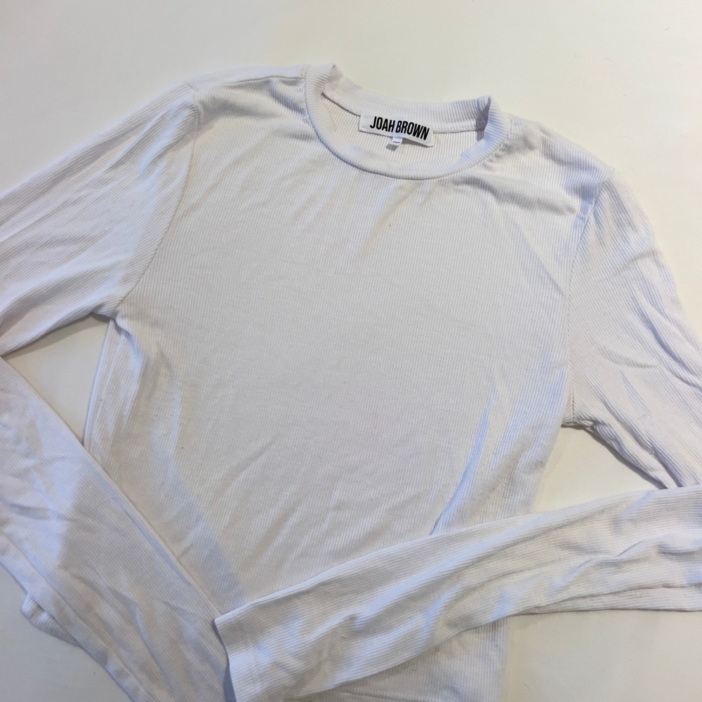 Joah Brown White Ribbed Long Sleeve Crew Neck Cropped Top XS/S